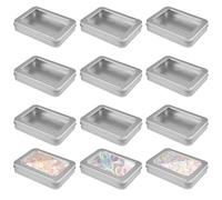 TOATELU Lot de 12 boîtes de rangement rectangulaires en métal avec couvercle de fenêtre transparent - Mini boîte en métal argenté - Boîtes vides pour la maison - 115 x 85 x 22 mm - Argenté