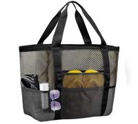 TOATELU Sac de plage en maille - Pliable - Pour plage, voyage, pique-nique - 43 x 40 x 23 cm - Noir, Noir , 43 x 20 x 39 cm