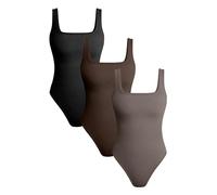 TOB Body 3 pièces sexy côtelé à col carré sans manches pour femme, Feuille de thé noir foncé, Large