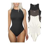 TOB Body 3 pièces sexy côtelé sans manches pour femme, Feuille de thé noire beige, Small