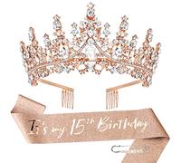 TOBATOBA Décorations d'anniversaire pour 15 ans pour filles, écharpe et diadème or rose pour filles, décorations de 15e anniversaire pour filles, couronne de quinceanera fabuleuse fournitures de fête