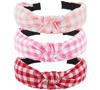 TOBATOBA Lot de 3 bandeaux roses à carreaux pour femmes et filles, accessoires de cheveux de Noël, nœud supérieur noué rose et rouge, carreaux vintage antidérapants