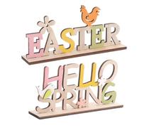 TOBBOMEY 2 Pièces Lettres Bois Colorées Décoratives de Pâques Ornements de Bureau Coq et Fleur Accessoires de Printemps pour Maison et Bureau