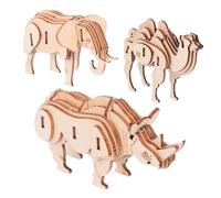 TOBBOMEY 3 pièces Puzzle Bois Animalier Kit Éducatif Créatif Facile à Assembler Modèle Éléphant Chameau Rhinocéros Pédagogique
