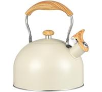 TOBBOMEY Bouilloire à Sifflet en Acier Inoxydable 2,5 L Beige Poignée en Bois, Compatible Cuisinière Gaz et Induction, Bouilloire à Thé Pratique et Portable Cuisine Maison