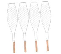 TOBBOMEY Lot De 4 Pinces à Barbecue Panier De Poisson Manche en Bois pour Barbecue Extérieur Camping Ustensile Grillades Antiadhésif Compact Solide Pique-niques