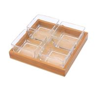 TOBBOMEY Plateaux Verre Divisés pour Fruits Secs et Noix Plateau de Service Transparent avec Support Bois Assiettes Multifonctions pour Apéritifs et Collations Set de Compartiments sans