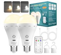 TobeBright Ampoule Rechargeable E27 avec Télécommande, 3 Températures de Couleur Dimmable Ampoule Batterie Sans fil Rechargeable USB-C pour Urgence, Lampe de Camping, Usage extérieur(Lot de 2)
