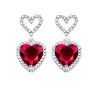 Tobestu Boucles d'oreilles pendantes en forme de cœur rouge pour un usage quotidien, fiançailles, anniversaire - Boucles d'oreilles en zircon cubique double cœur plaquées or blanc pour femmes YA5116