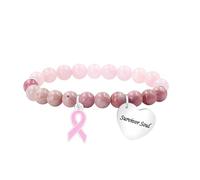 Tobestu Bracelet Survivor Soul en quartz rose, jaspe bois rouge et hématite - Bijou de sensibilisation au cancer du sein avec ruban rose YA6033