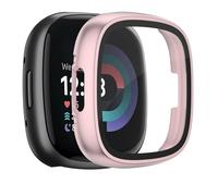 Tobfit Coque rigide en polycarbonate pour Fitbit Versa 4 Fitbit Sense 2 avec protection d'écran en verre trempé intégrée, durable, ultra fine, résistante aux rayures, or rose brillant
