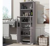 TOBIDOEN Armoire de salle de bain haute avec espace de rangement, porte en verre et porte d'armoire en bois, 2 compartiments de rangement ouverts, séparateurs réglables, 57,4 x 28,5 x 160 cm (gris)