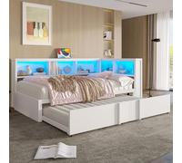 TOBIDOEN Canapé-lit, 90 x 200 cm, avec lit gigogne, compartiments fonctionnels latéraux, lit d'adolescent, pour salon et chambre à coucher, facile à monter, métal + MDF, blanc, sans matelas