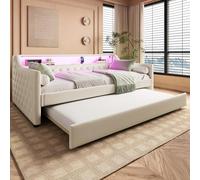 TOBIDOEN Canapé-lit 90 x 200 cm, avec lit gigogne et accoudoirs, rembourré, en lin avec sommier à lattes, design de dossier fonctionnel, style moderne, pour 1 à 2 personnes, beige