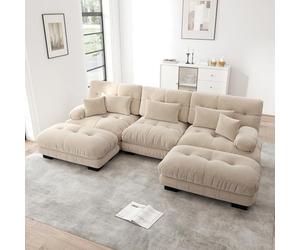 TOBIDOEN Canapé triangle, avec 2 ottomans, canapé cloud en forme de U, pour salon, appartement, bureau, combinaison flexible, 3 coussins lombaires + 2 coussins décoratifs, chenille, ensemble F, marron