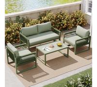 TOBIDOEN Ensemble de meubles de jardin de balcon en corde avec canapé 2 places et canapés simples, structure en fer, table en verre lisse, pieds réglables, tous les coussins inclus, résistants aux