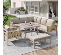 TOBIDOEN Ensemble de meubles de jardin en corde avec structure en fer, table en verre trempé et surface en grain de bois, pieds réglables, tous les coussins d'assise et de dossier inclus (beige)
