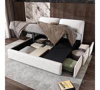 TOBIDOEN Lit capitonné, 180 x 200 cm, avec tiroir de lit et trois tiroirs, grand espace de rangement et sommier à lattes, tête de lit douce et confortable, sans matelas, en velours, beige