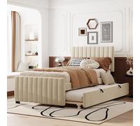 TOBIDOEN Lit capitonné 90 x 190 cm avec lit gigogne convient aux enfants, adolescents et invités, tête de lit à rayures verticales, tissu velours doux, style A, beige
