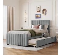 TOBIDOEN Lit capitonné 90 x 190 cm avec lit gigogne convient aux enfants, adolescents et invités, tête de lit à rayures verticales, tissu velours doux, style A, gris