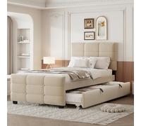TOBIDOEN Lit capitonné 90 x 190 cm avec lit gigogne - Convient pour les enfants, les adolescents et les invités - Tissu velours doux pour la peau - Facile à monter - Sans matelas - Style B - Beige
