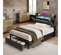 TOBIDOEN Lit capitonné simple 90 x 200 cm, multifonction, avec tiroirs, tête de lit avec éléments fonctionnels et espace de rangement, cadre de lit avec sommier à lattes en métal et lin, gris (sans