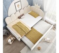 TOBIDOEN Lit de jour 90 x 200 cm avec lit gigogne 90 x 190 cm, joli design couronne, lit d'appoint peu encombrant pour chambre d'enfant et chambre d'amis, sans matelas, tissu velours, style A, beige