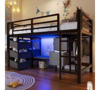 TOBIDOEN Lit demi-hauteur 90 x 200 cm, structure en métal avec coussin d'assise doux, fonction d'ambiance multicolore, tiroir de rangement en tissu et sac de rangement en tissu, zone à crochets, noir