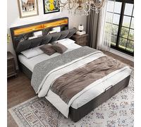 TOBIDOEN Lit double rembourré, 140 x 190 cm, avec beaucoup d'espace de rangement, tête de lit LE/D, grand tiroir de lit, tiroirs 2 en 1, rembourré en lin et cadre en acier, gris, 140 x 190 cm