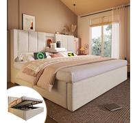 TOBIDOEN Lit double rembourré, 140 x 190 cm, avec coffre de lit, tête de lit rembourrée, porte-gobelet caché et design US/B, grand espace de rangement et sommier à lattes, lin, 140 x 190 cm, beige