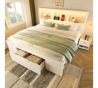 TOBIDOEN Lit en bois, 140 x 190 cm, avec table de chevet mobile, tête de lit fonctionnelle, tiroirs et étagères, en bois massif, avec sommier à lattes, sans matelas, blanc