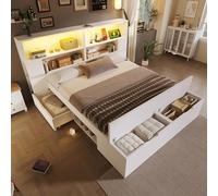 TOBIDOEN Lit en bois, 140 x 200 cm, avec espace de rangement pour chambre d'enfant/adolescent, lit double, avec tête de lit multifonction intégrée, banc de lit amovible, étagères latérales, tiroirs