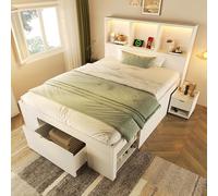 TOBIDOEN Lit en bois, 90 x 200 cm, avec table de chevet mobile, tête de lit fonctionnelle, tiroirs et étagères, en bois massif, avec sommier à lattes, sans matelas, blanc