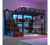 TOBIDOEN Lit mezzanine, 140 x 200 cm, avec cadre en fer, design moderne, design fonctionnel, bureau et étagère de rangement, grille suspendue et construction d'escalier avec espace de rangement, noir