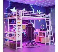 TOBIDOEN Lit mezzanine, 140 x 200 cm, avec cadre en fer, diversité fonctionnelle, bureau, espace de rangement avec plusieurs étagères et panneau perforé, en métal et MDF, sans matelas, pour enfants et