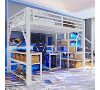 TOBIDOEN Lit mezzanine, 140 x 200 cm, avec construction en métal MDF, mode LE/D et design US/B, bureau, escalier avec compartiments de rangement et rampe de sécurité, peu encombrant et fonctionnel