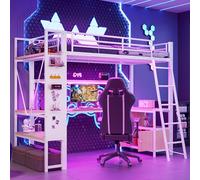 TOBIDOEN Lit mezzanine 90 x 200 cm avec cadre en fer, diversité fonctionnelle, bureau, espace de rangement avec plusieurs étagères et panneau perforé, en métal et MDF, sans matelas, pour enfants et