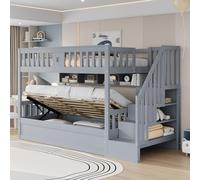 TOBIDOEN Lit mezzanine 90 x 200 cm, avec escalier de rangement et étagères, sous lit avec espace de rangement, en bois, protection anti-chute, pour 2 enfants, gris