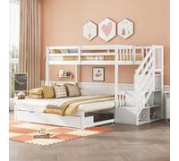 TOBIDOEN Lit mezzanine, 90 x 200 cm, avec lit gigogne, extensible pour lit double de 180 cm, pour enfant, avec escalier escamotable, 2 tiroirs sous le lit, en pin + MDF (blanc, sans matelas)