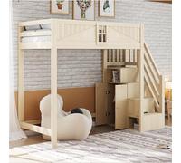 TOBIDOEN Lit mezzanine 90 x 200 cm en bois massif, porte de sécurité avec fenêtre et échelle latérale interchangeable avec étagère, beaucoup d'espace de rangement sur les parois latérales, fonction