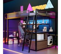 TOBIDOEN Lit mezzanine en métal 140 x 200 cm, espace de travail intégré + bureau long, design multifonction inférieur, étagères + armoires, grille de protection continue, métal, noir