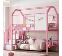 TOBIDOEN Lit mezzanine en métal, 90 x 200 cm, pour enfant et adolescent, avec construction de toit et escalier de rangement, lit de maison, avec petite fenêtre et protection anti-chute, zone libre en