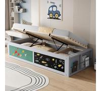 TOBIDOEN Lit pour enfant en bois 90 x 200 cm - Mécanisme hydraulique avec espace de rangement - Étagère latérale + plateau d'écriture - Gain de place - Sommier à lattes stable - Gris - Sans matelas