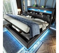 TOBIDOEN Lit rembourré 140 x 190 cm - Lit double avec espace de rangement - Tiroir de lit et sommier à lattes - Tête de lit pliable avec fonction - Tête aux pieds avec effet d'ambiance - Lin, sans