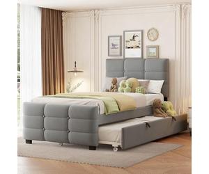 TOBIDOEN Lit rembourré, 90 x 190 cm, avec lit gigogne, convient aux enfants, adolescents et invités, tissu velours doux pour la peau, facile à monter, sans matelas, style B, gris