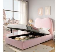 TOBIDOEN Lit rembourré, 90 x 200 cm, lit simple, avec espace de rangement, tête de lit rembourrée, sommier à lattes + cadre de lit stable, coins arrondis, tissu velours, rose