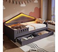 TOBIDOEN Lit simple 90 x 200 cm pour adolescents et enfants, parois latérales avec mode atmosphère et 2 grands tiroirs de rangement, sommier à lattes, en bois de pin, capacité de charge de 150 kg