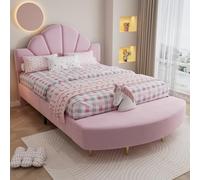 TOBIDOEN Lit simple capitonné 140 x 200 cm avec tête de lit en velours + banc assorti, bords en éponge anti-collision, cadre de lit avec sommier à lattes, lit d'enfant, facile à installer, rose