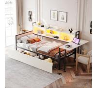 TOBIDOEN Lit simple mural, 90 x 200 cm, cadre en fer avec design fonctionnel et table rabattable, lit avec tiroirs et compartiments de rangement fonctionnels, dossier doux, blanc
