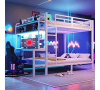 TOBIDOEN Lit superposé 140 x 200 cm Cadre en fer avec bureau et compartiment de rangement, composants fonctionnels, rampe de sécurité, échelle, métal + MDF, sans matelas, blanc